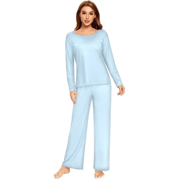 Women's Ice Blue Long Sleeve Pajamas Set, Two Piece Sleepwear